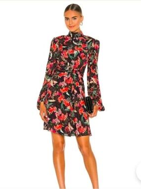 Saloni Silk Black Floral Mini Dress - Women's size 10